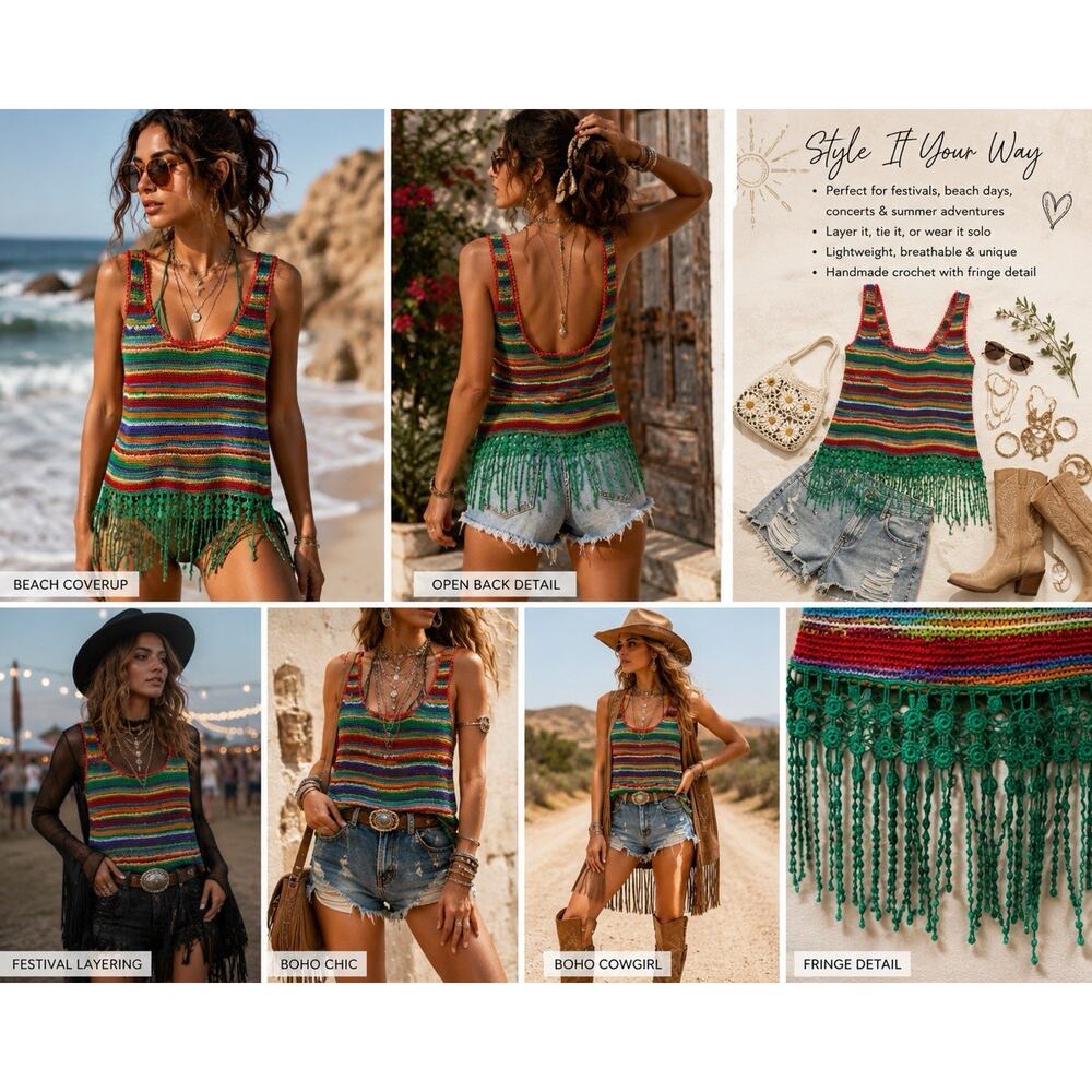 C Luce Rainbow Crochet Fringe Tank Boho Festival Hippie Beach Coverup
